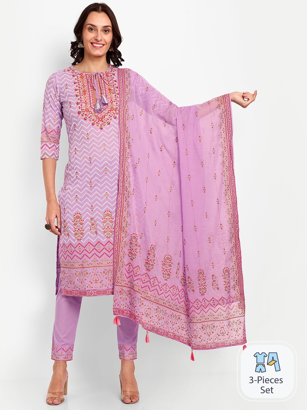 

KAVITA GUPTA Ethnic Motifs Embroidered Pure Cotton Kurta with Palazzos & Dupatta, Lavender