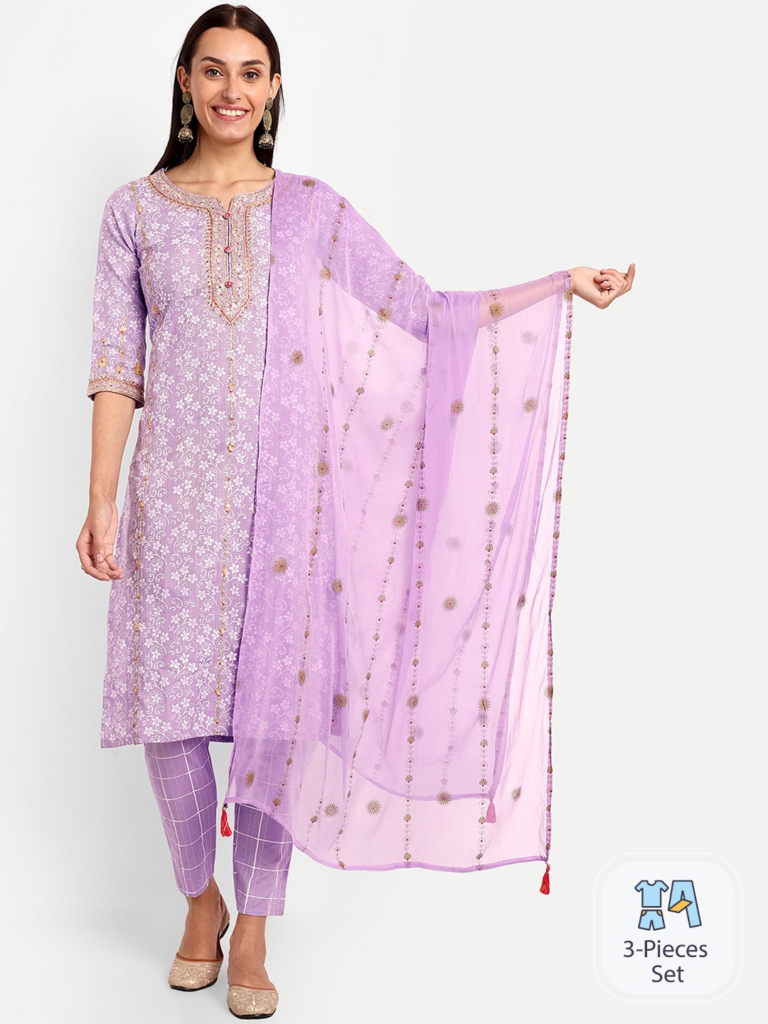

KAVITA GUPTA Ethnic Motifs Embroidered Pure Cotton Kurta With Trousers & Dupatta, Lavender