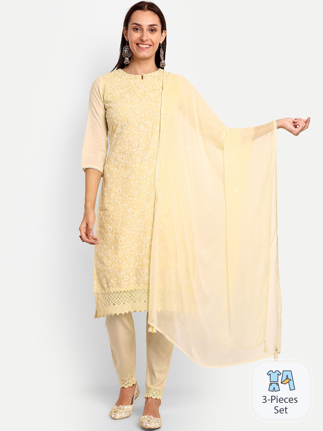 

KAVITA GUPTA Paisley Embroidered Regular Kurta with Trousers & Dupatta, Yellow
