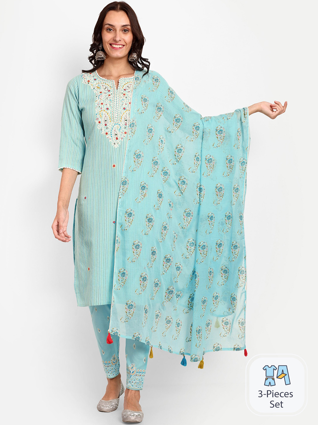 

KAVITA GUPTA Floral Embroidered Pure Cotton Kurta with Trousers & Dupatta, Blue