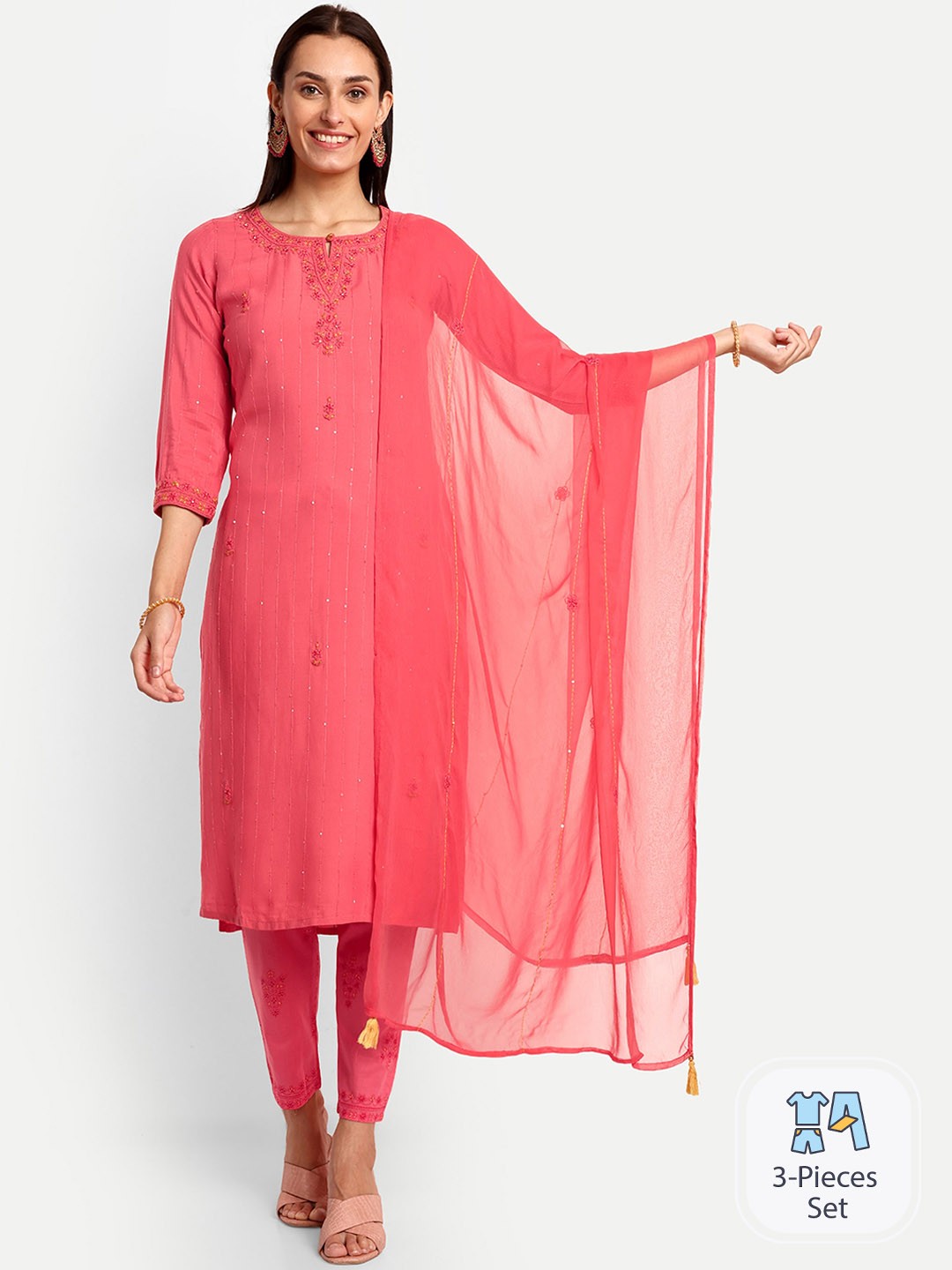 

KAVITA GUPTA Floral Embroidered Sequinned Pure Cotton Kurta with Trousers & Dupatta, Coral