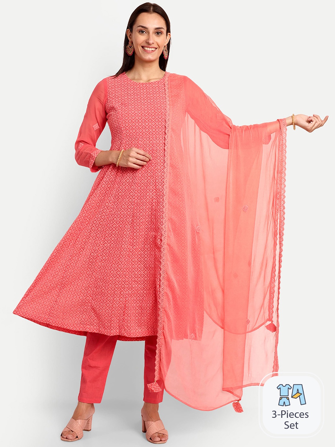 

KAVITA GUPTA Embroidered Thread Work Kurta with Palazzos & Dupatta, Coral