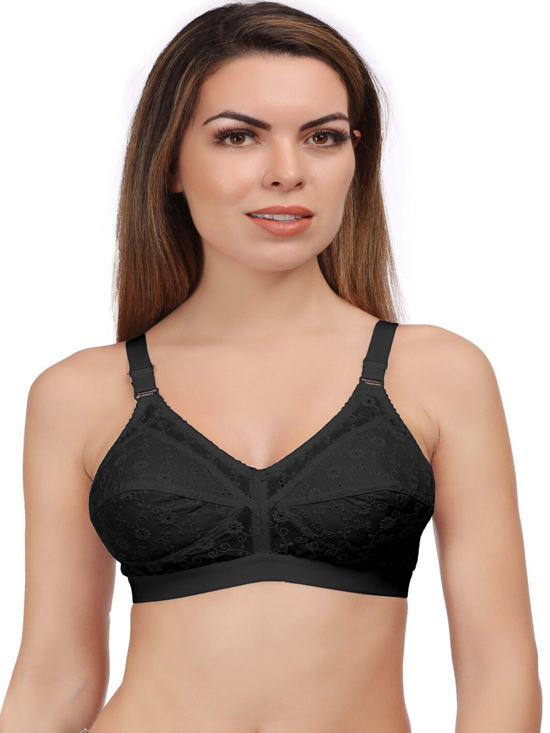 

Eve's Beauty Floral Self Design Full Coverage Cotton Minimizer Bra Side Shaper, Black