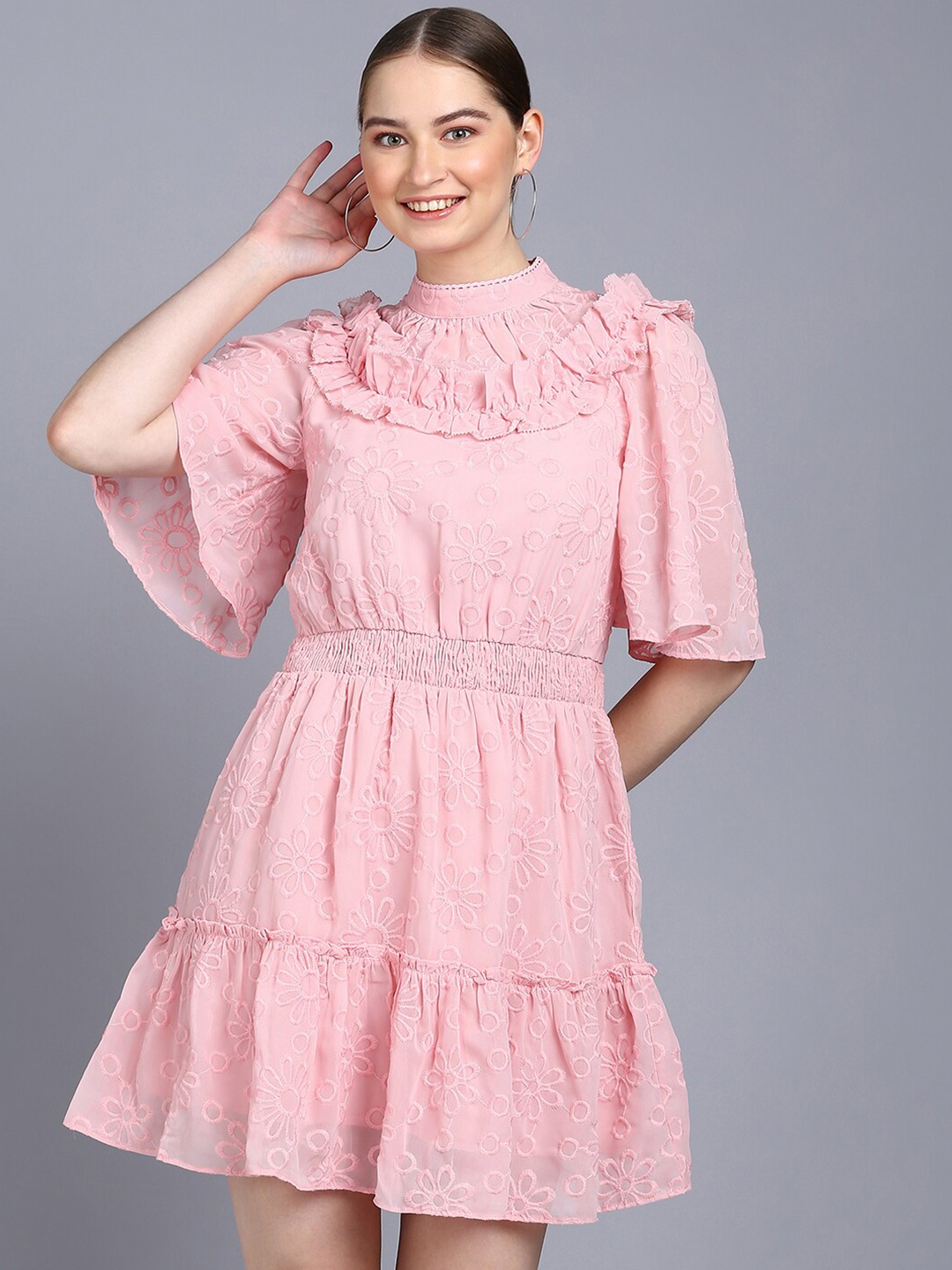 

Mast & Harbour Rose Self Design High Neck Flared Sleeves Flounce Hem Fit & Flare Dress
