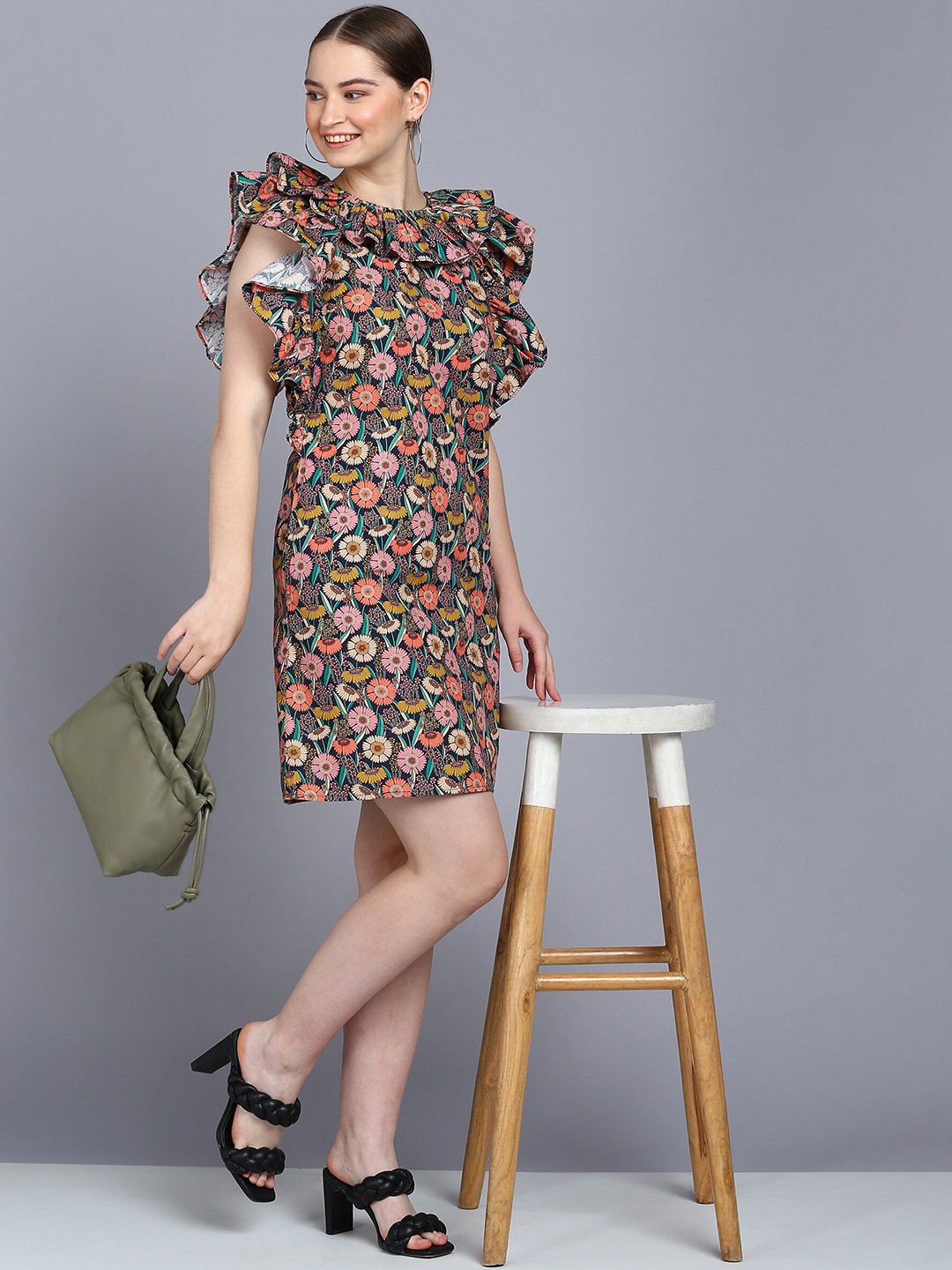 

Mast & Harbour Navy Blue Floral Printed Flutter Sleeve Ruffles Cotton A-Line Mini Dress