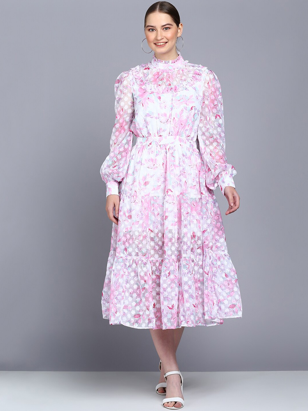 

Mast & Harbour Pink & White Floral Printed High-Neck Ruffled Tiered A-Line Midi Dress