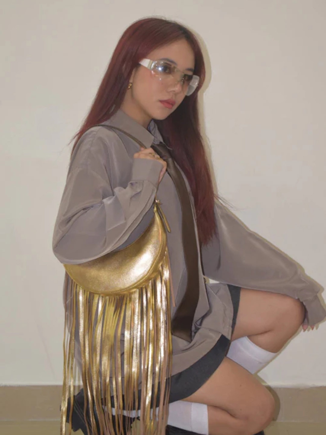 

Mistry Half Moon Pure Leather Fringed Hobo Bag, Gold