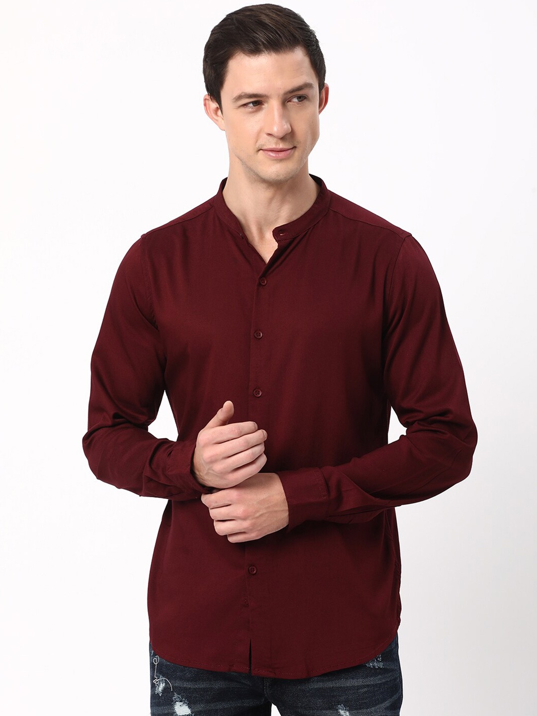 

R&B Slim Fit Band Collar Cotton Casual Shirt, Maroon