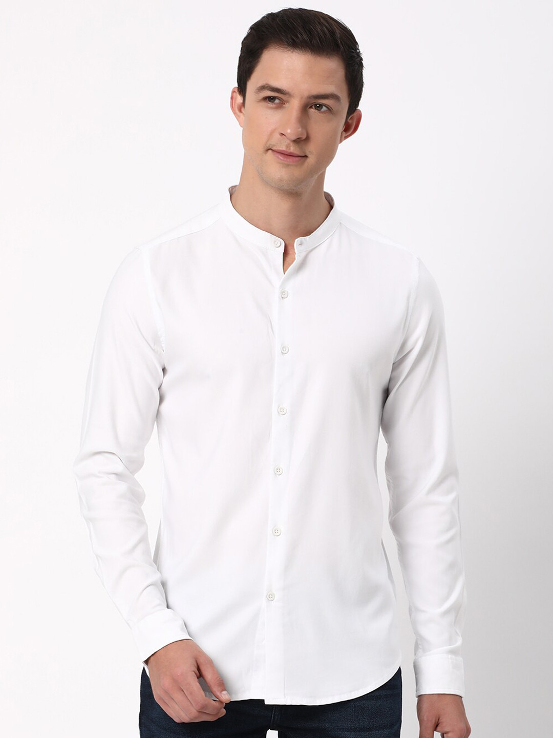 

R&B Slim Fit Band Collar Cotton Casual Shirt, White