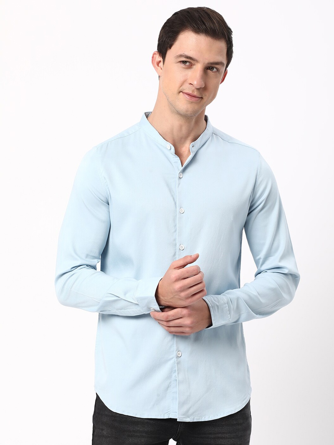 

R&B Mandarin Collar Slim Fit Opaque Cotton Casual Shirt, Blue