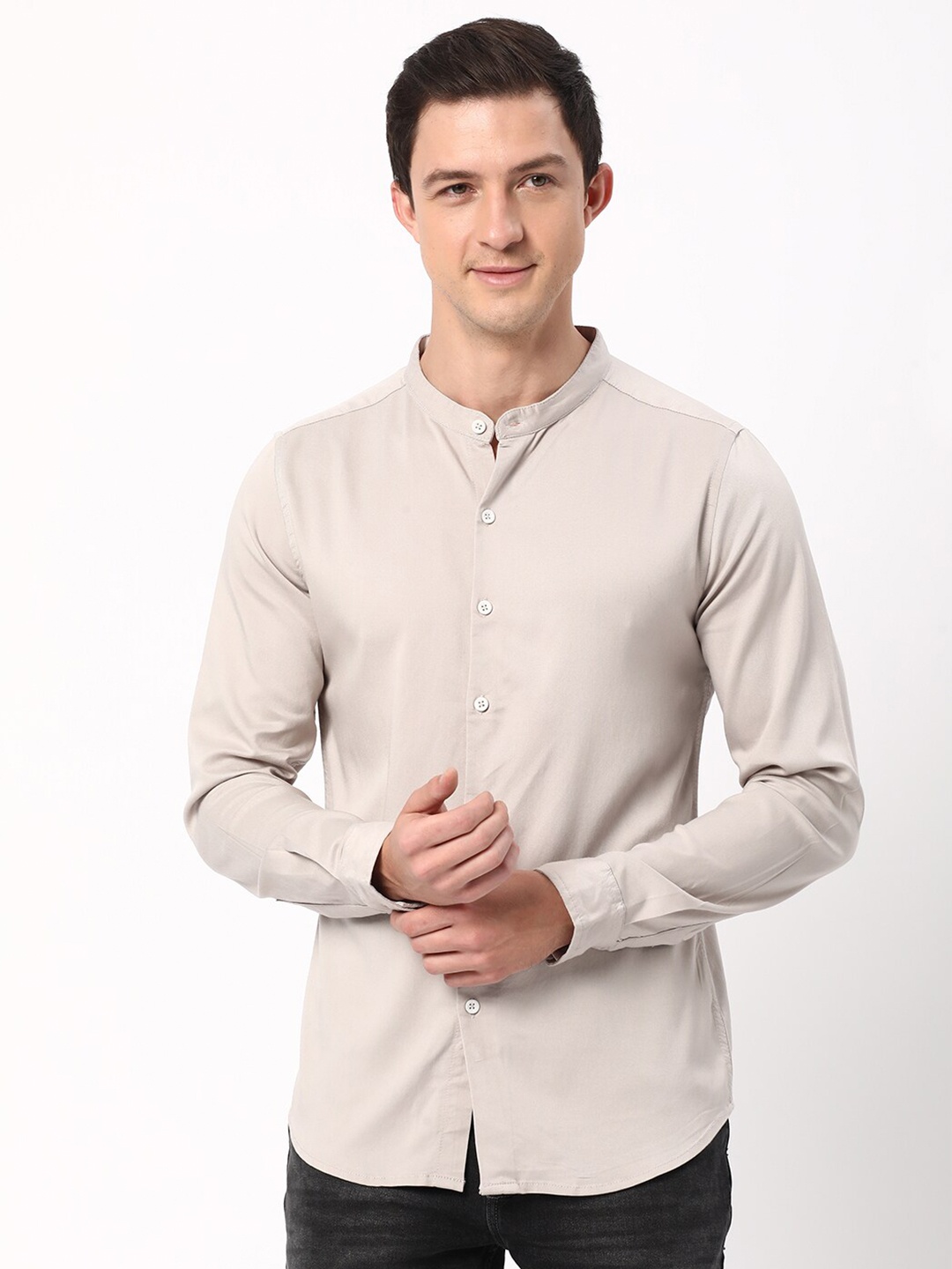 

R&B Slim Fit Band Collar Cotton Casual Shirt, Grey