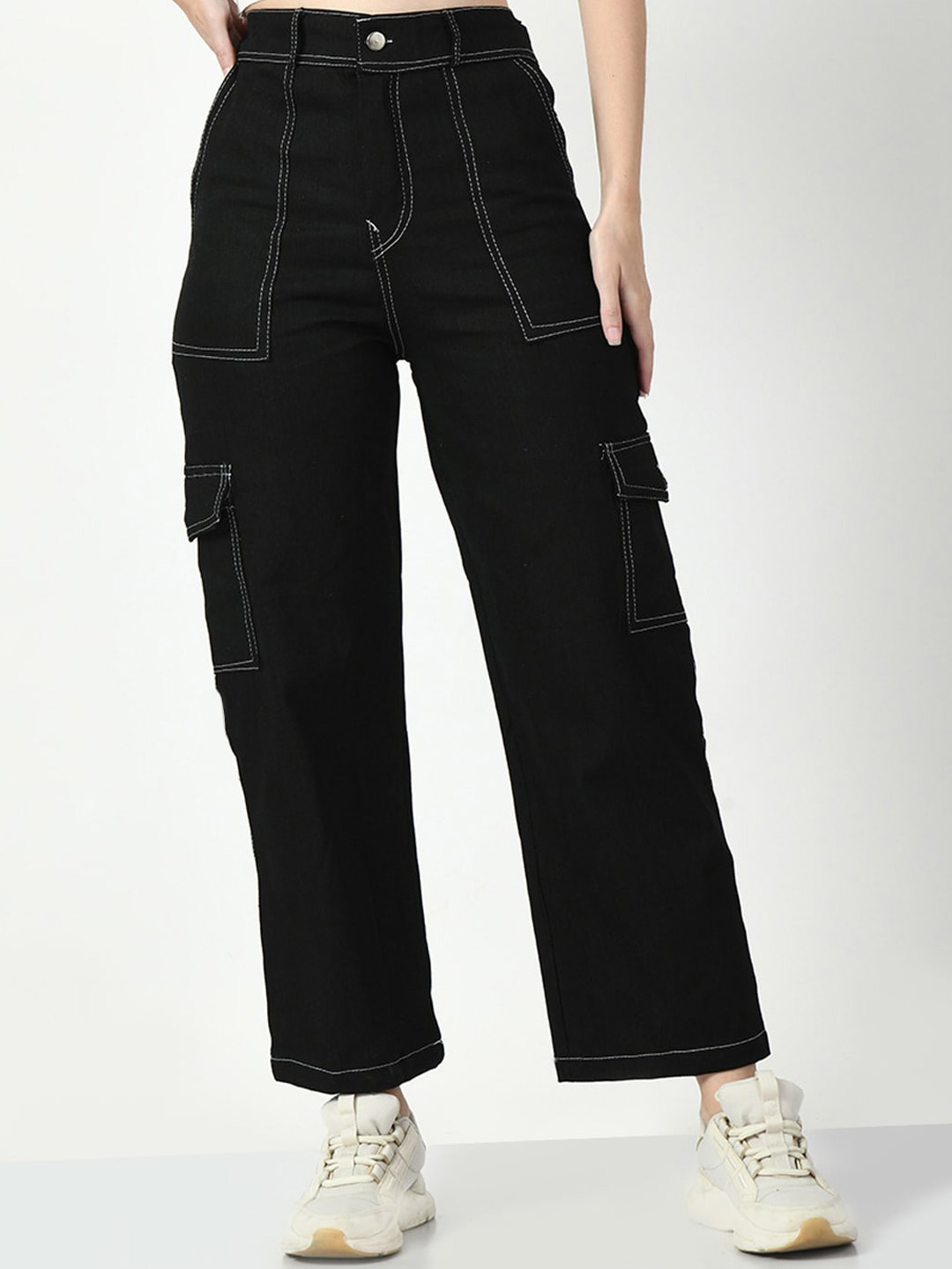 

DKGF FASHION Women Comfort Flared High-Rise Cotton Low Distress Jeans, Black