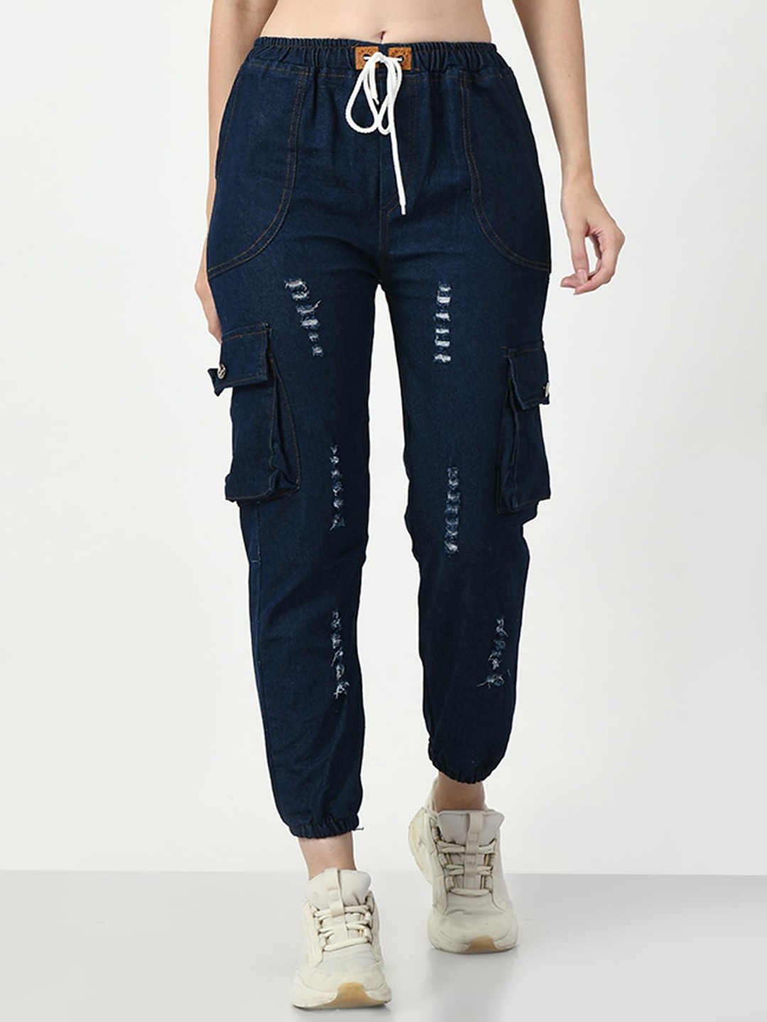 

DKGF FASHION Women Comfort Jogger Highly Distressed Cotton Jeans, Navy blue