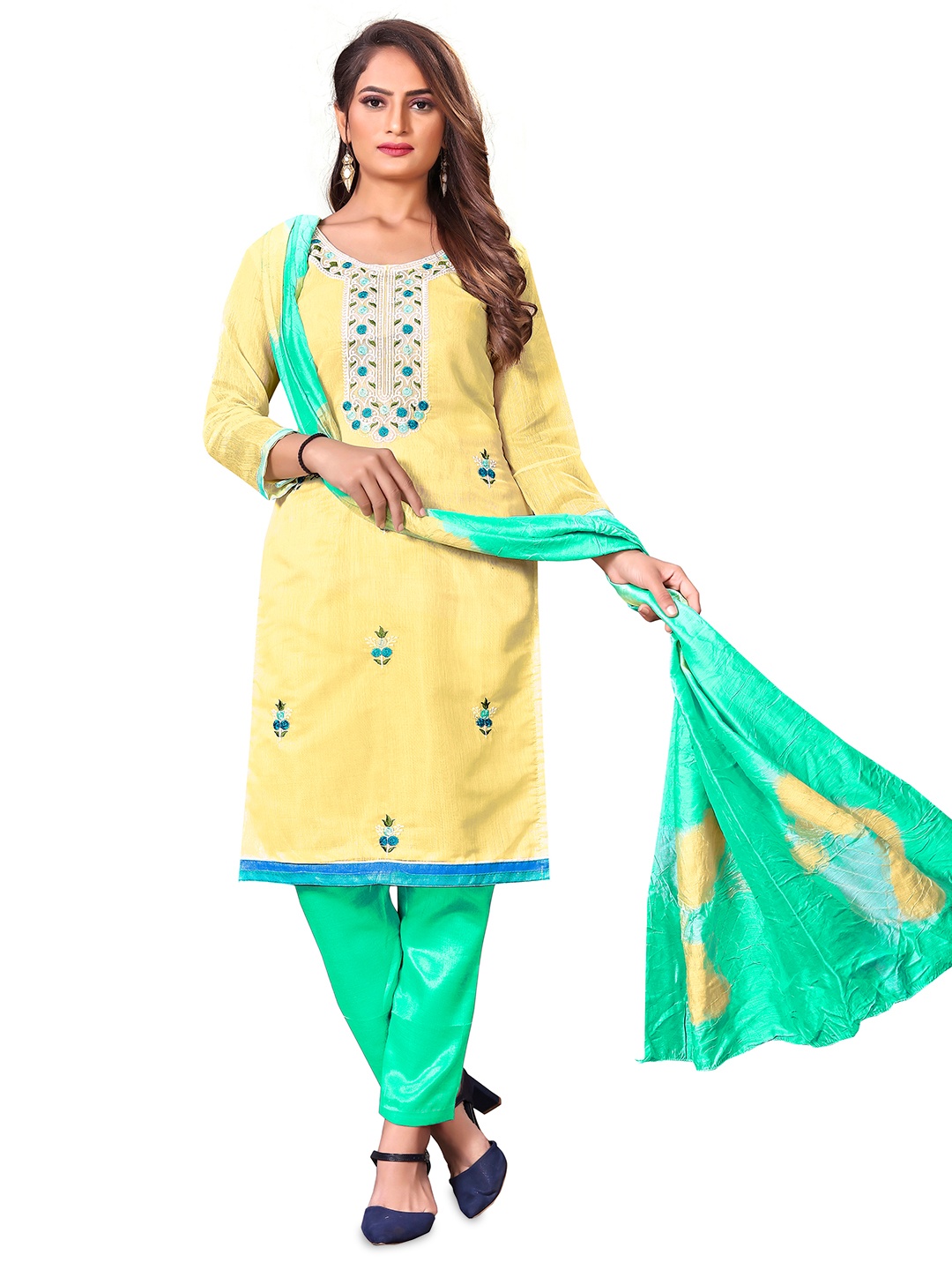 

MANVAA Yellow & Green Embroidered Unstitched Dress Material