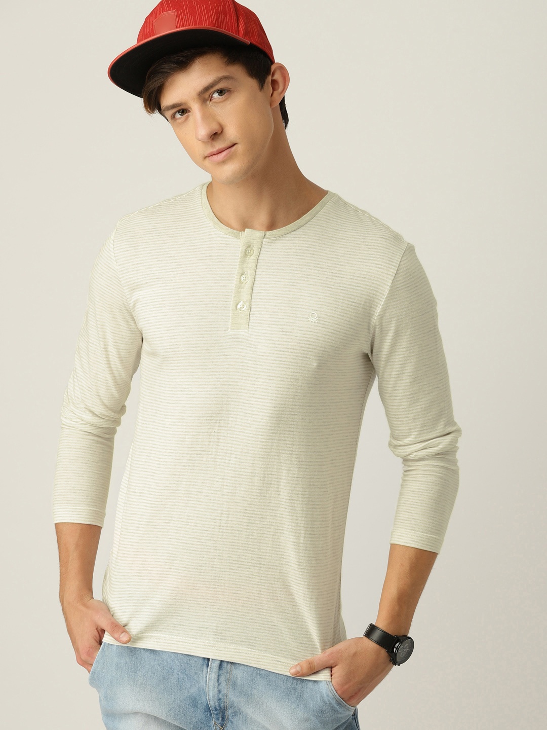 

United Colors of Benetton Men Off-White Striped Henley Neck T-shirt