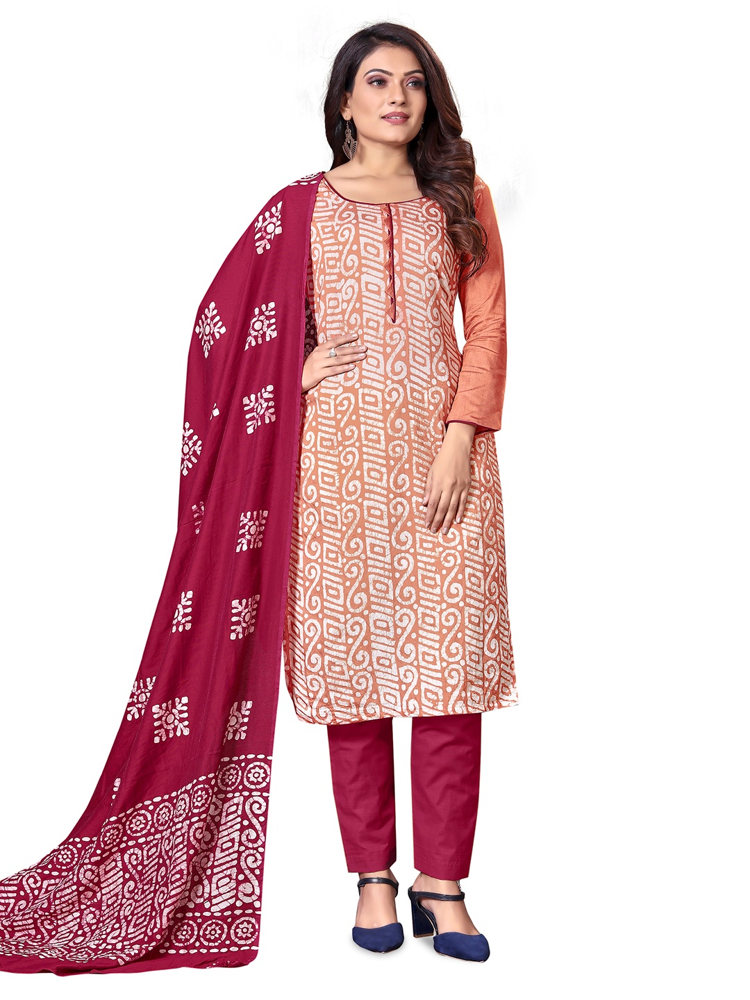 

MANVAA Peach-Coloured & White Printed Pure Cotton Unstitched Dress Material