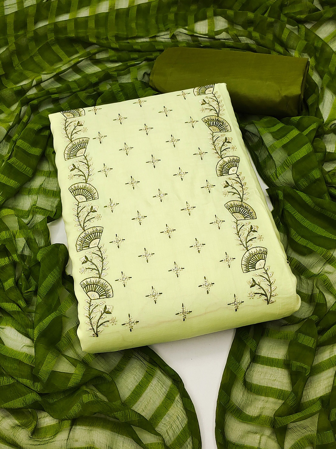 

MANVAA Embroidered Pure Silk Unstitched Dress Material, Green