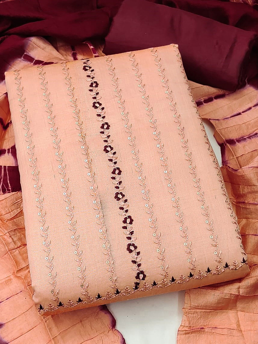 

MANVAA Floral Sequinned Embroidered Unstitched Dress Material, Peach