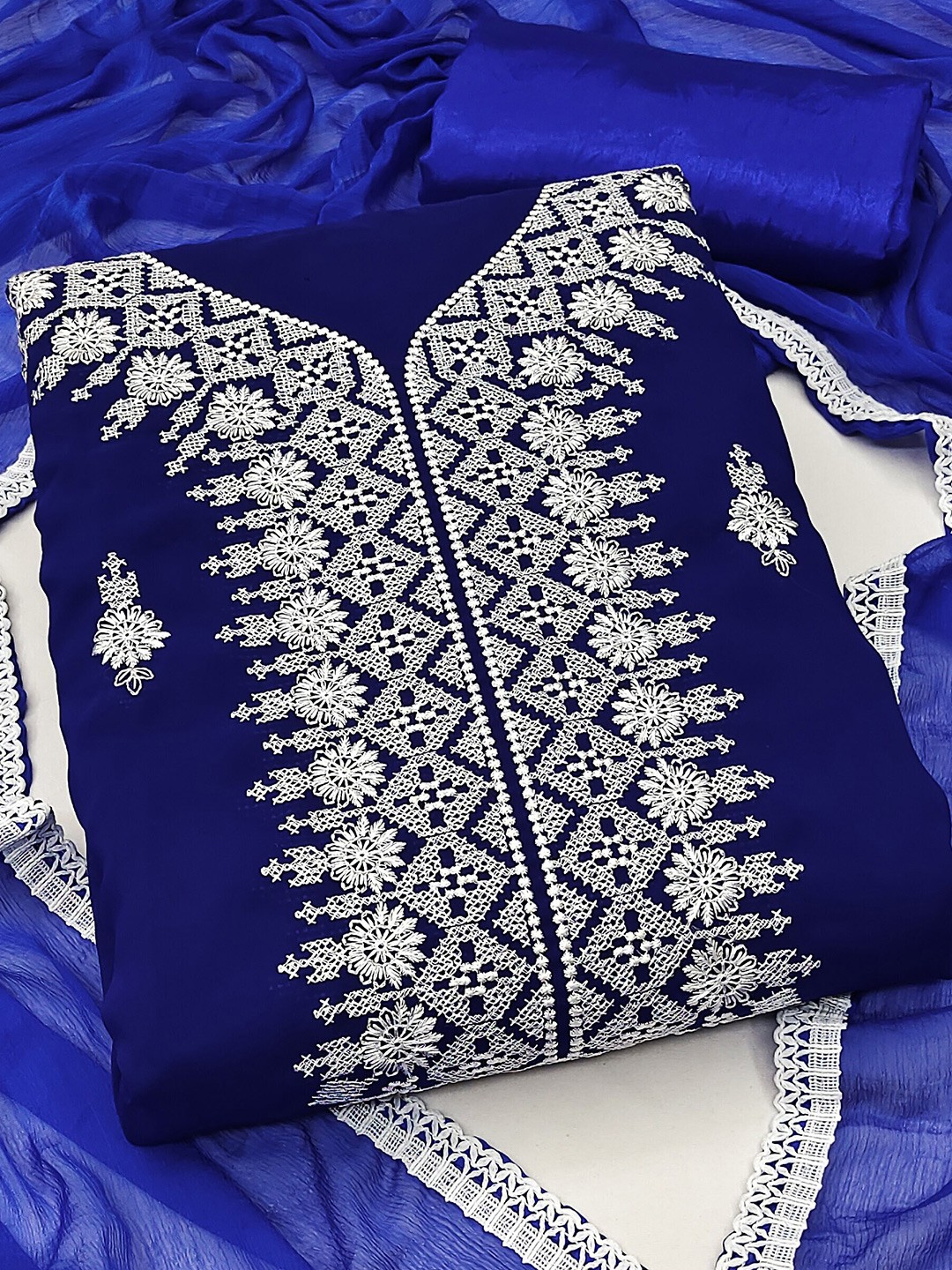 

MANVAA Ethnic Motifs Embroidered Unstitched Dress Material, Blue