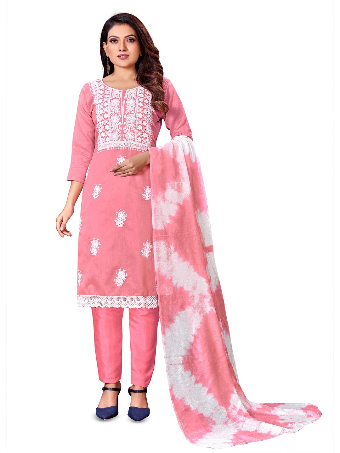 

MANVAA Floral Embroidered Unstitched Dress Material, Pink