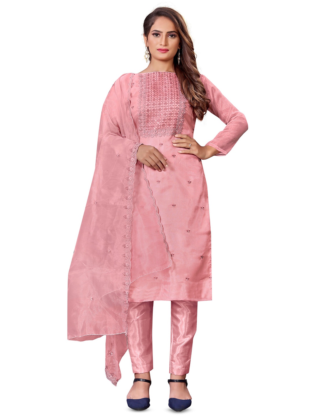 

MANVAA Ethnic Motifs Sequinned Embroidered Organza Unstitched Dress Material, Pink