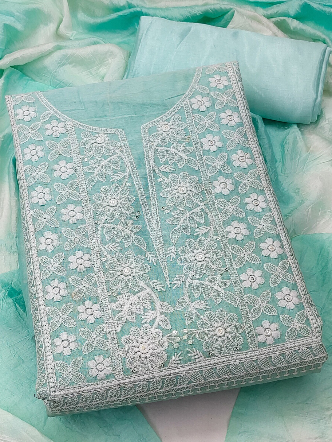 

MANVAA Floral Embroidered Unstitched Dress Material, Sea green