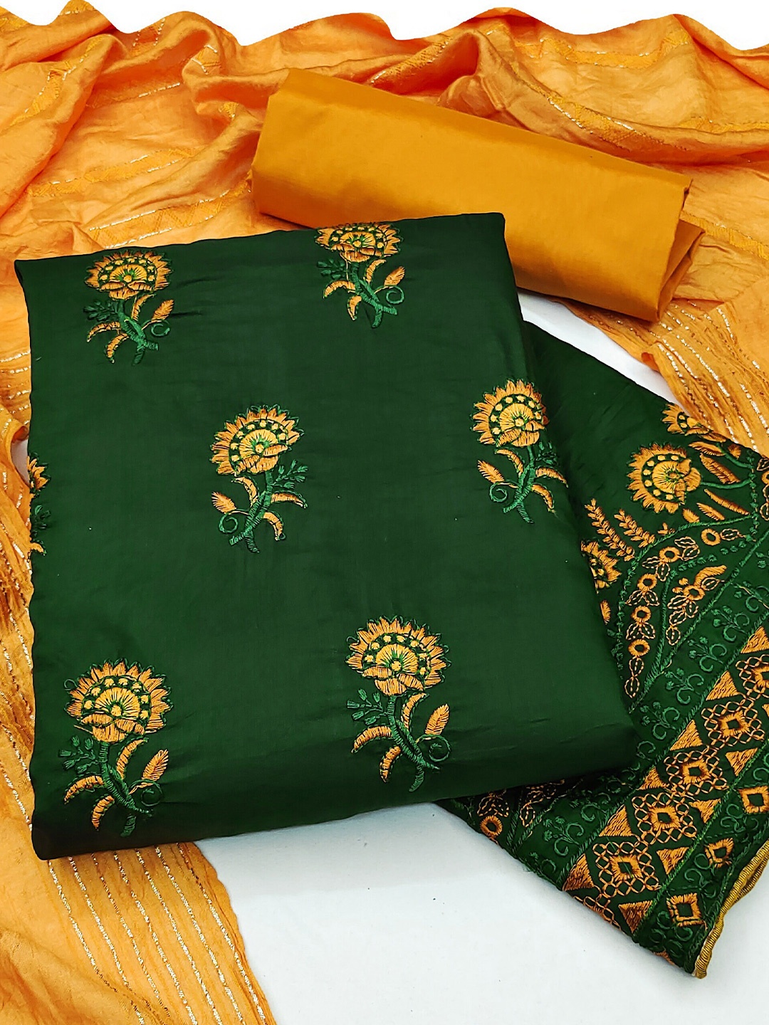 

MANVAA Floral Embroidered Pure Silk Unstitched Dress Material, Green