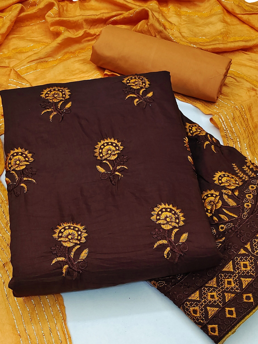 

MANVAA Floral Embroidered Pure Silk Unstitched Dress Material, Brown