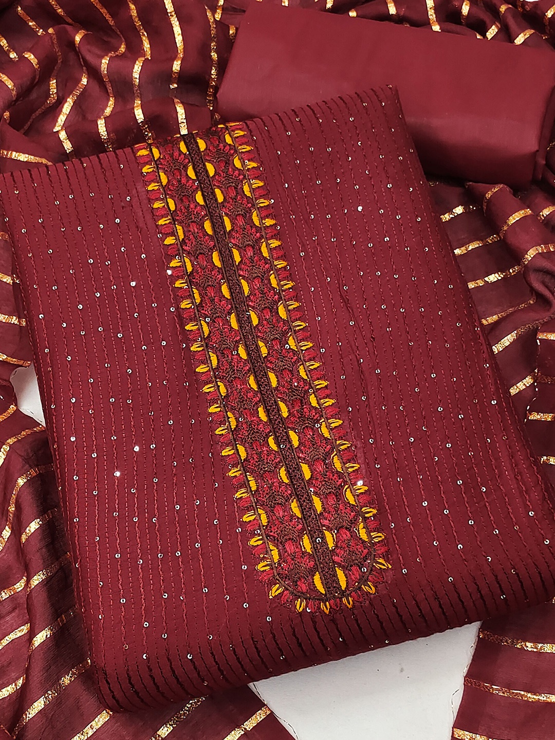 

MANVAA Floral Embroidered Sequined & Zari Unstitched Dress Material, Maroon