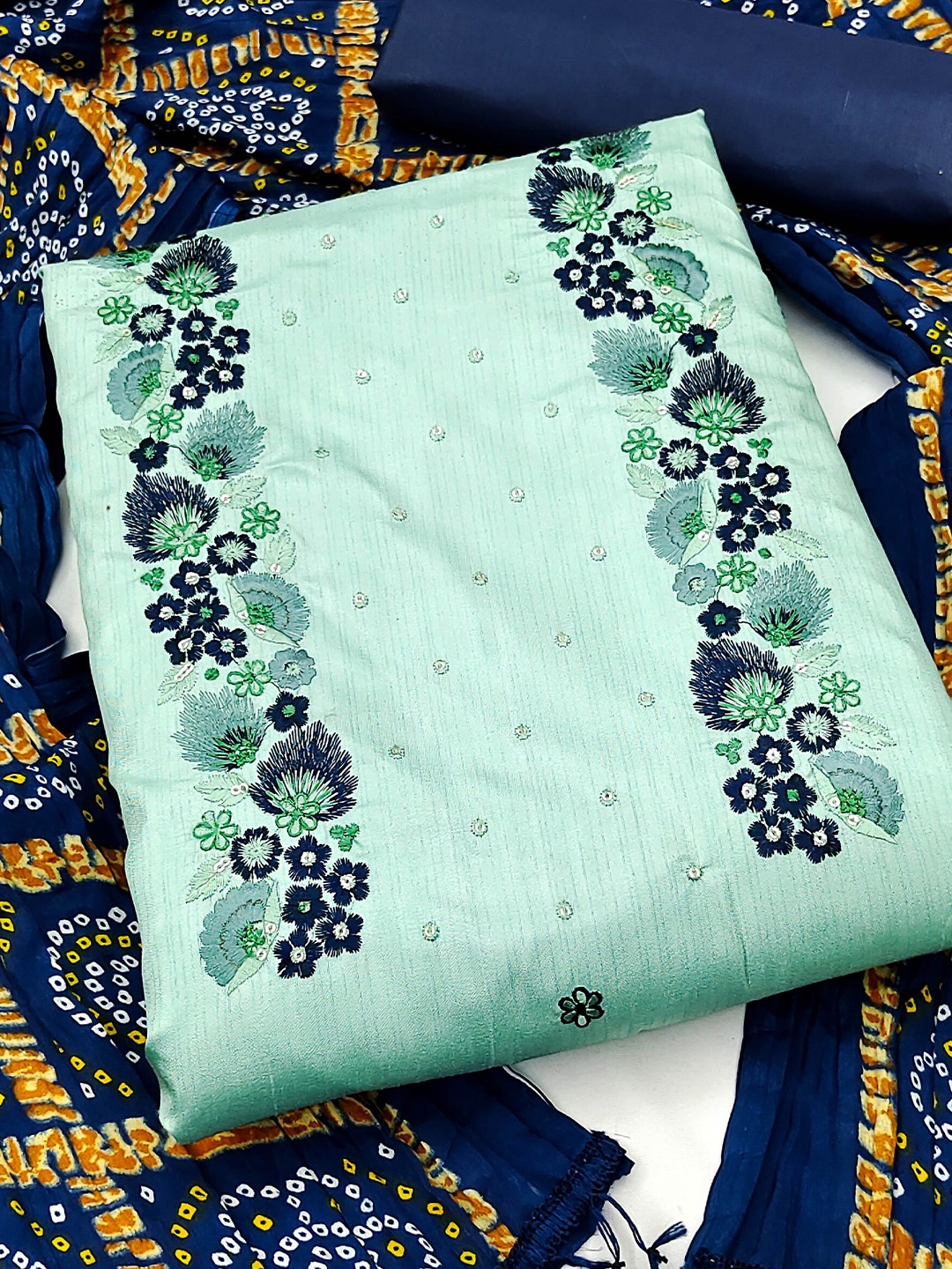 

MANVAA Floral Embroidered Pure Silk Unstitched Dress Material, Sea green