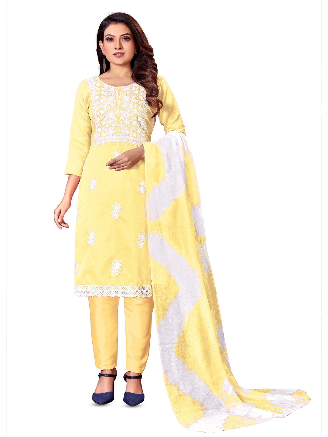 

MANVAA Floral Embroidered Unstitched Dress Material, Yellow