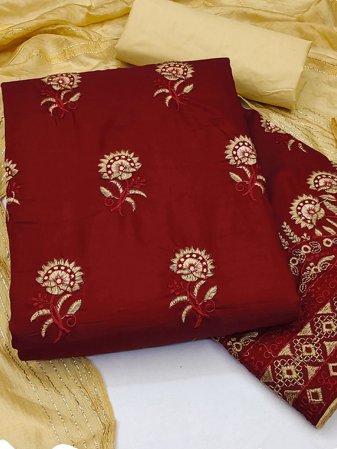 

MANVAA Floral Embroidered Pure Silk Unstitched Dress Material, Maroon