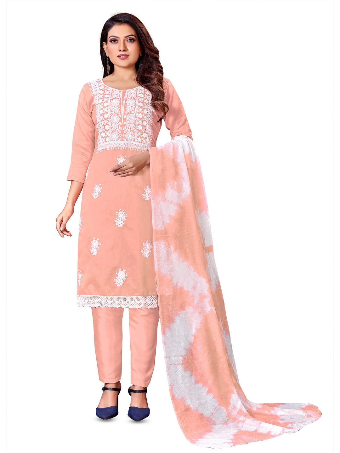 

MANVAA Floral Embroidered Unstitched Dress Material, Peach