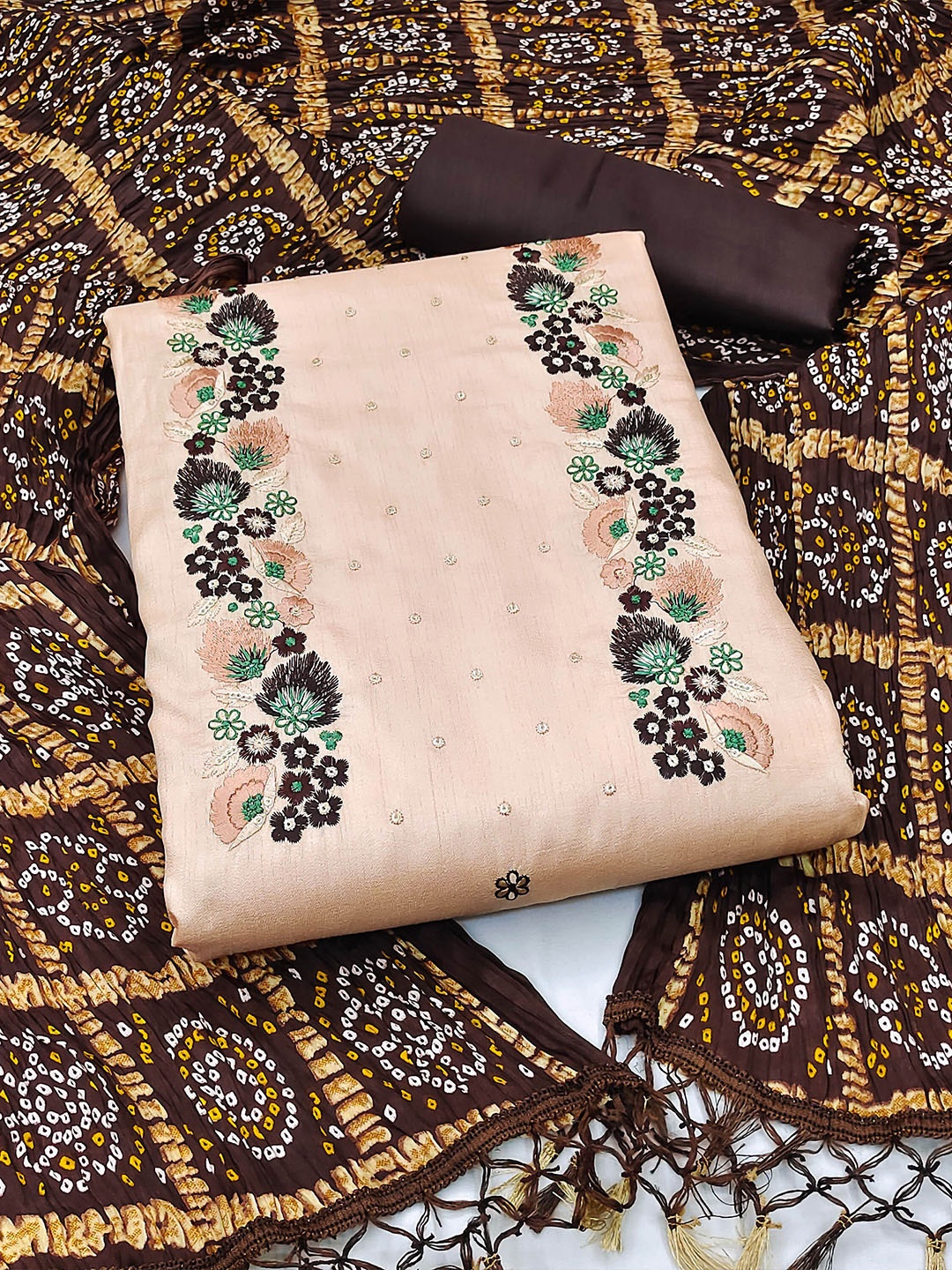 

MANVAA Floral Embroidered Pure Silk Unstitched Dress Material, Beige