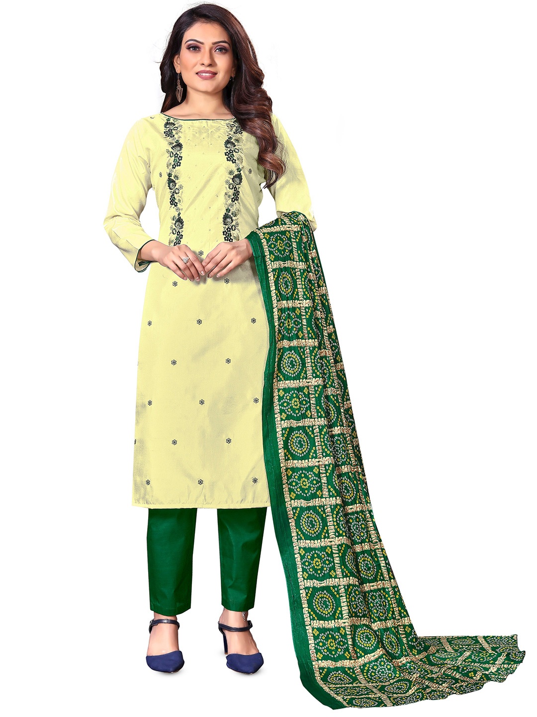

MANVAA Floral Embroidered Unstitched Dress Material, Yellow