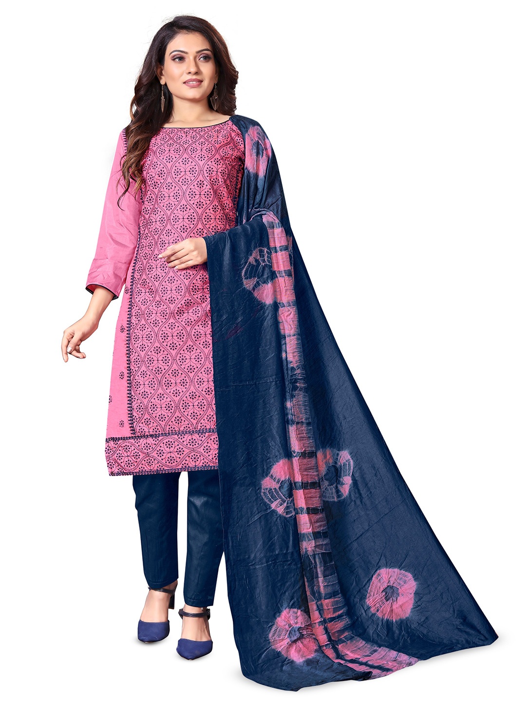 

MANVAA Floral Embroidered Unstitched Dress Material, Pink