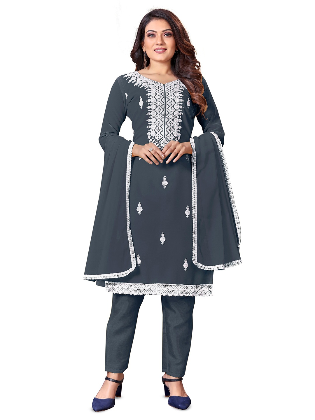 

MANVAA Floral Embroidered Unstitched Dress Material, Grey