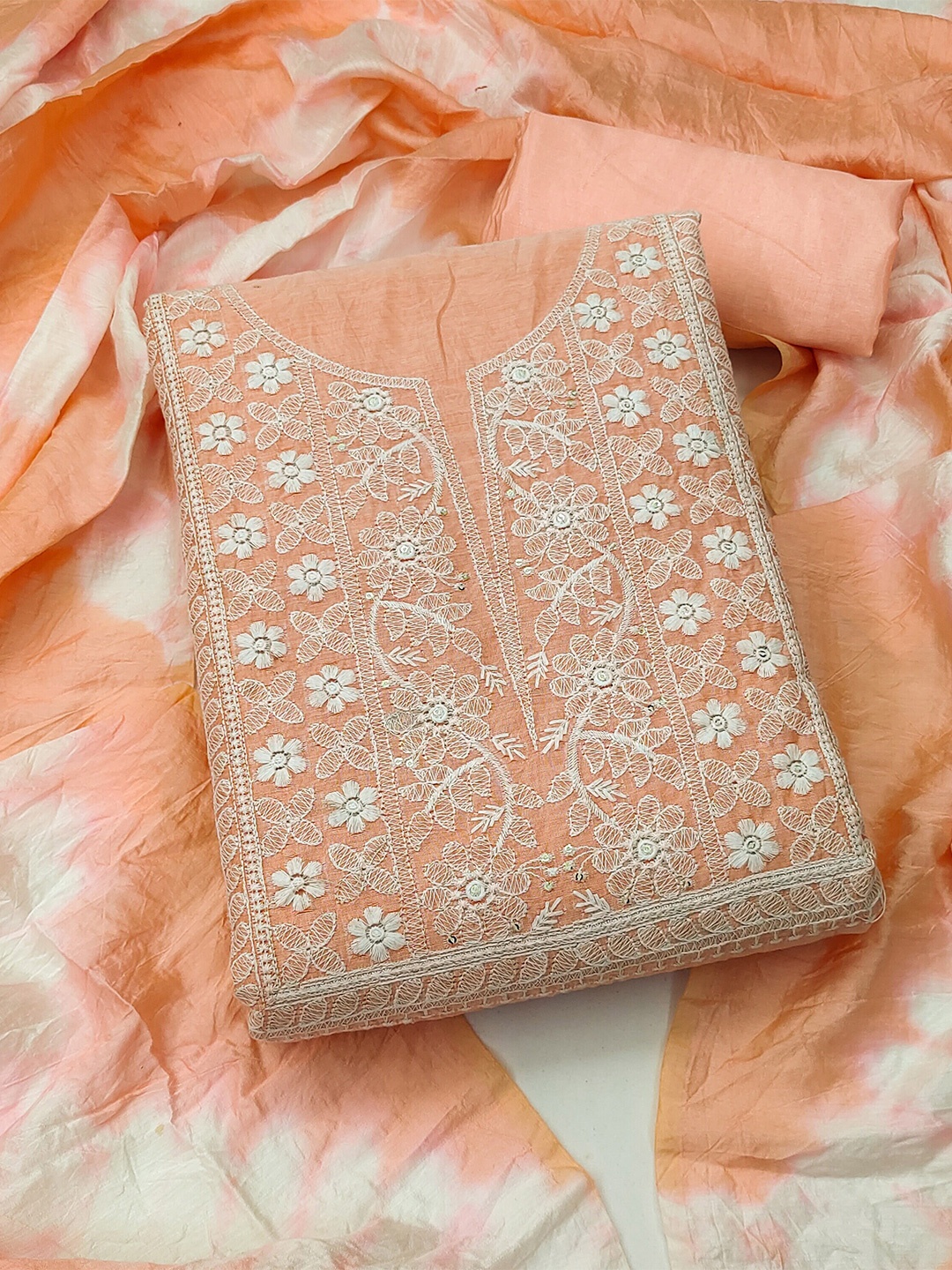 

MANVAA Floral Embroidered Unstitched Dress Material, Peach