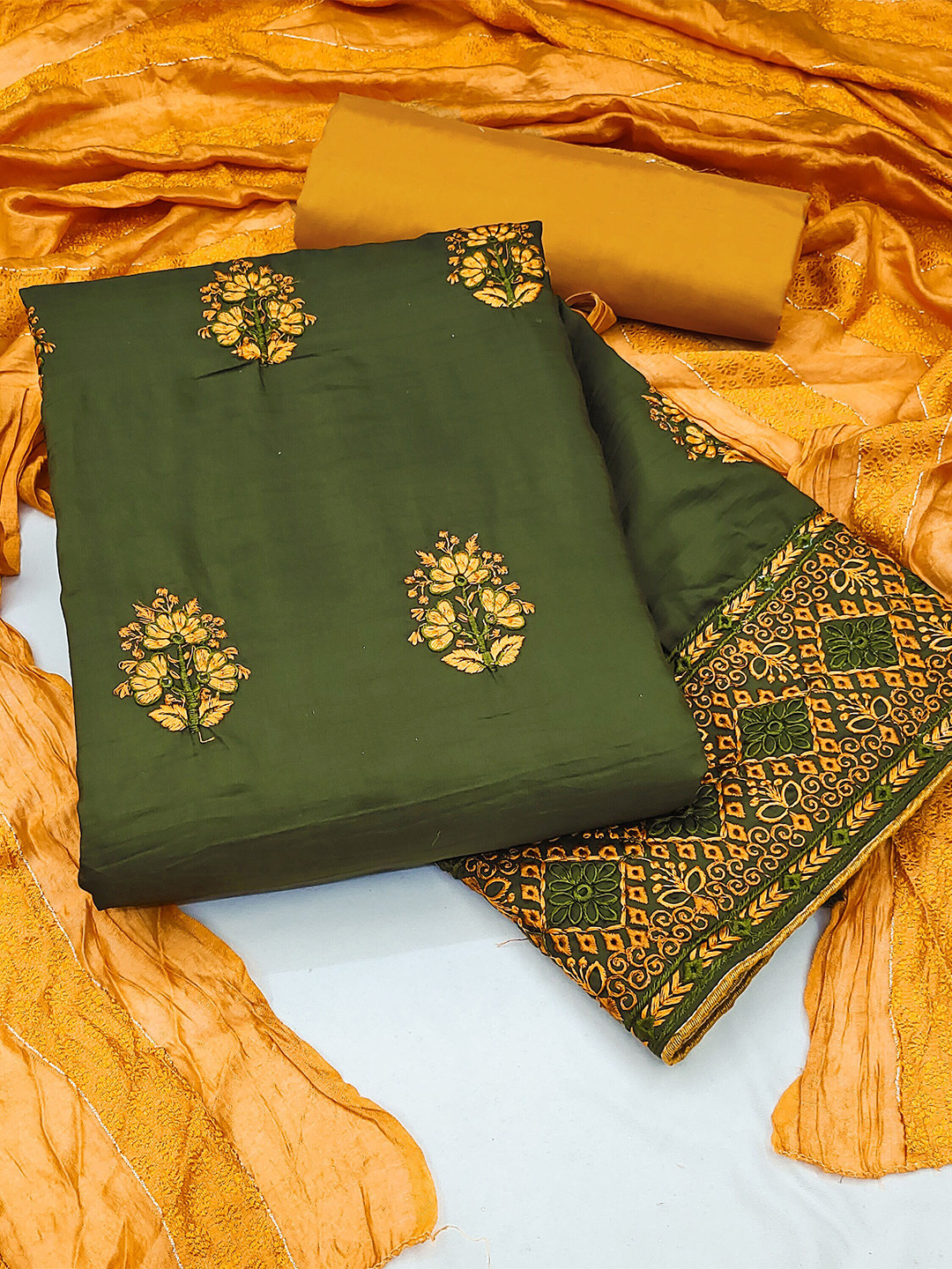 

MANVAA Floral Embroidered Pure Silk Unstitched Dress Material, Green