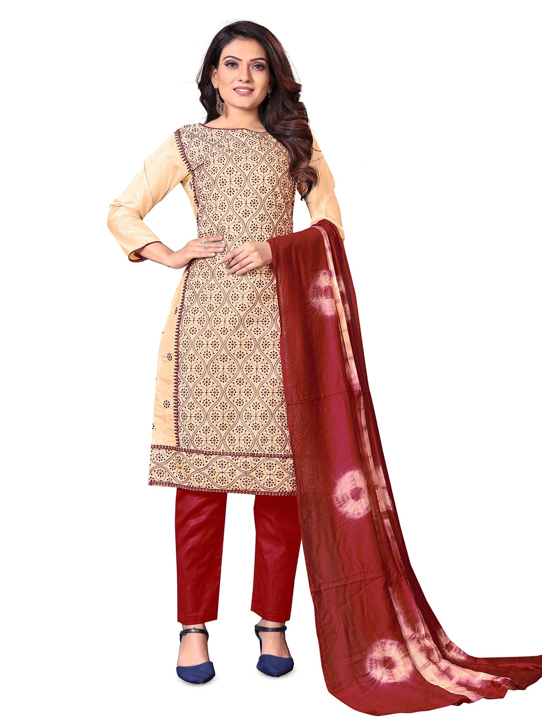 

MANVAA Ethnic Motifs Embroidered Pure Silk Unstitched Dress Material, Beige