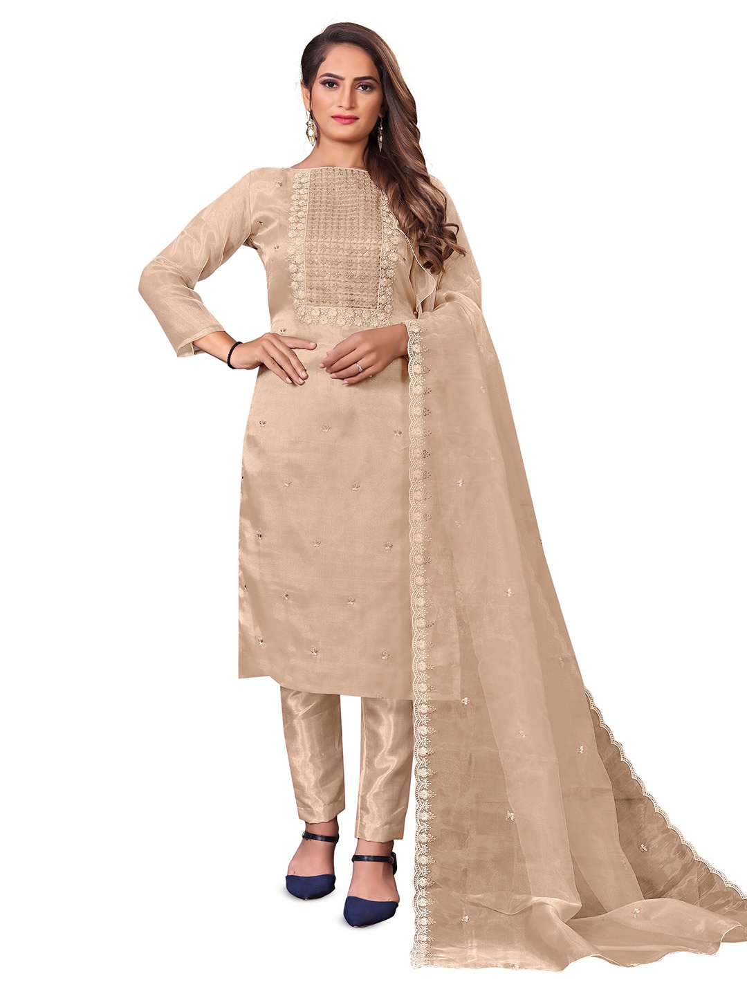 

MANVAA Floral Embroidered Organza Unstitched Dress Material, Beige