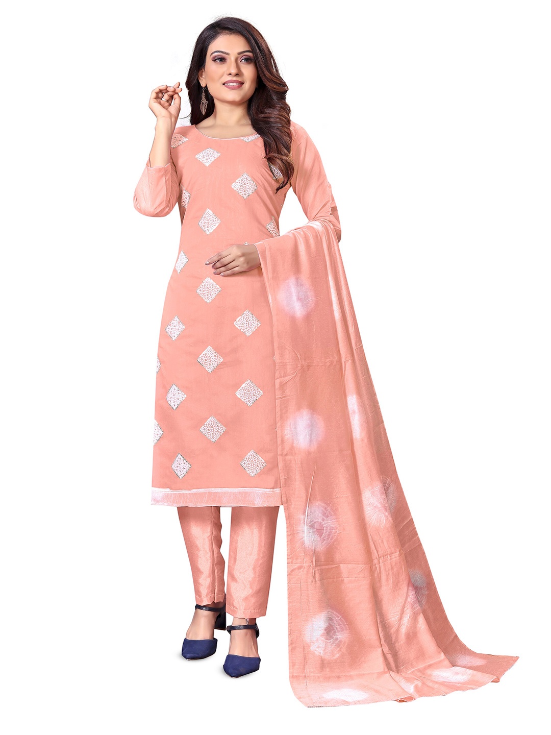 

MANVAA Ethnic Motifs Embroidered Unstitched Dress Material, Peach
