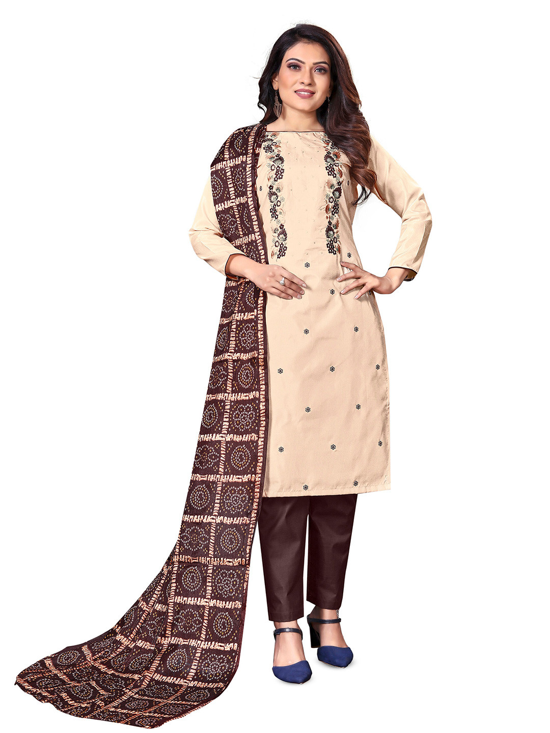 

MANVAA Floral Embroidered Pure Silk Unstitched Dress Material, Beige
