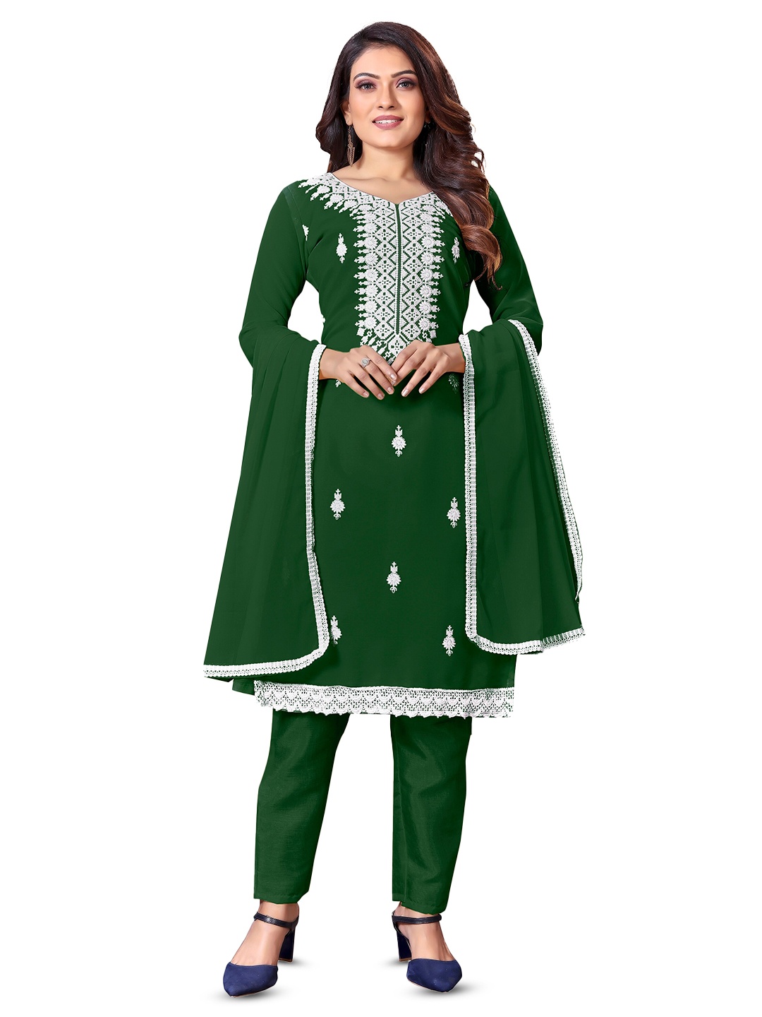 

MANVAA Floral Embroidered Unstitched Dress Material, Green