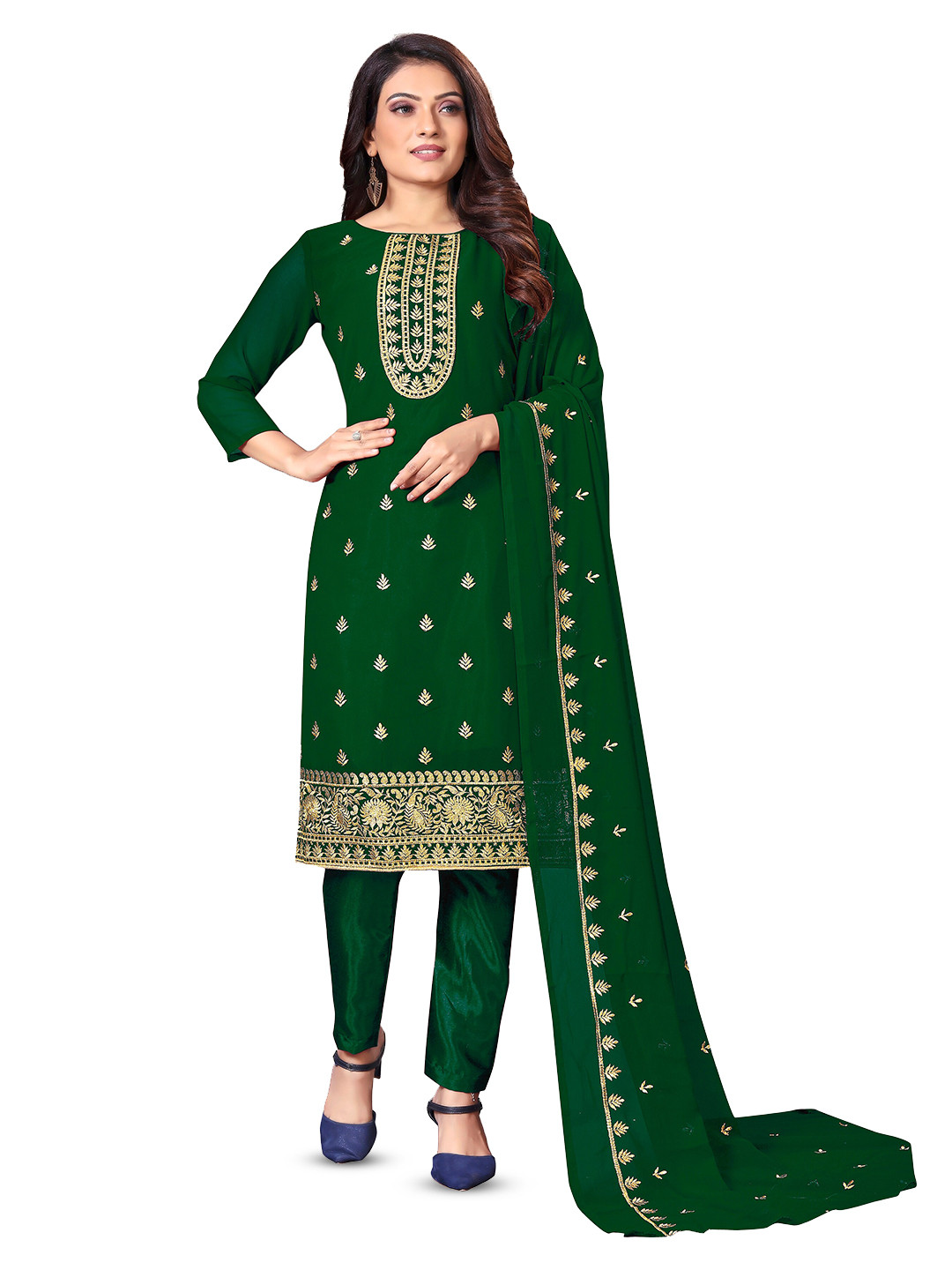 

MANVAA Ethnic Motifs Embroidered Unstitched Dress Material, Green