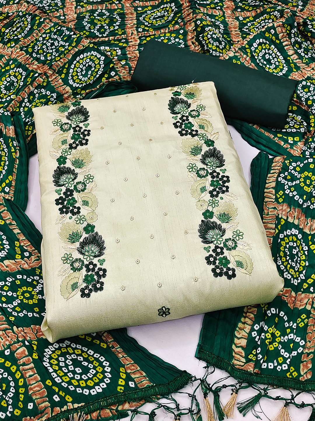 

MANVAA Floral Embroidered Pure Silk Unstitched Dress Material, Green