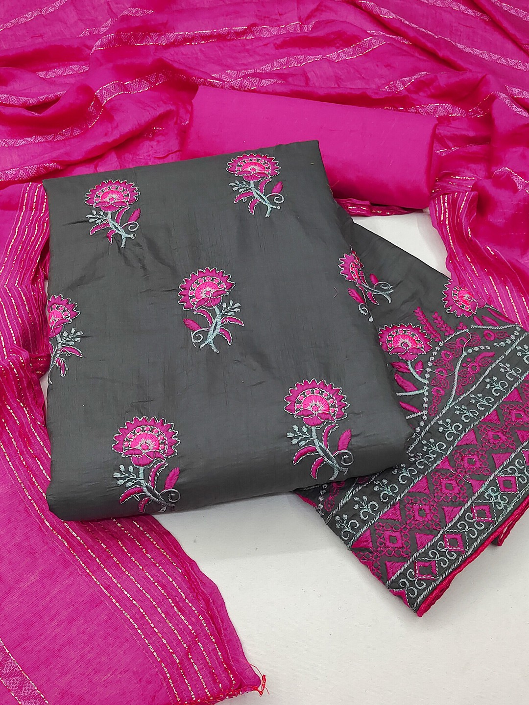 

MANVAA Floral Embroidered Pure Silk Unstitched Dress Material, Grey