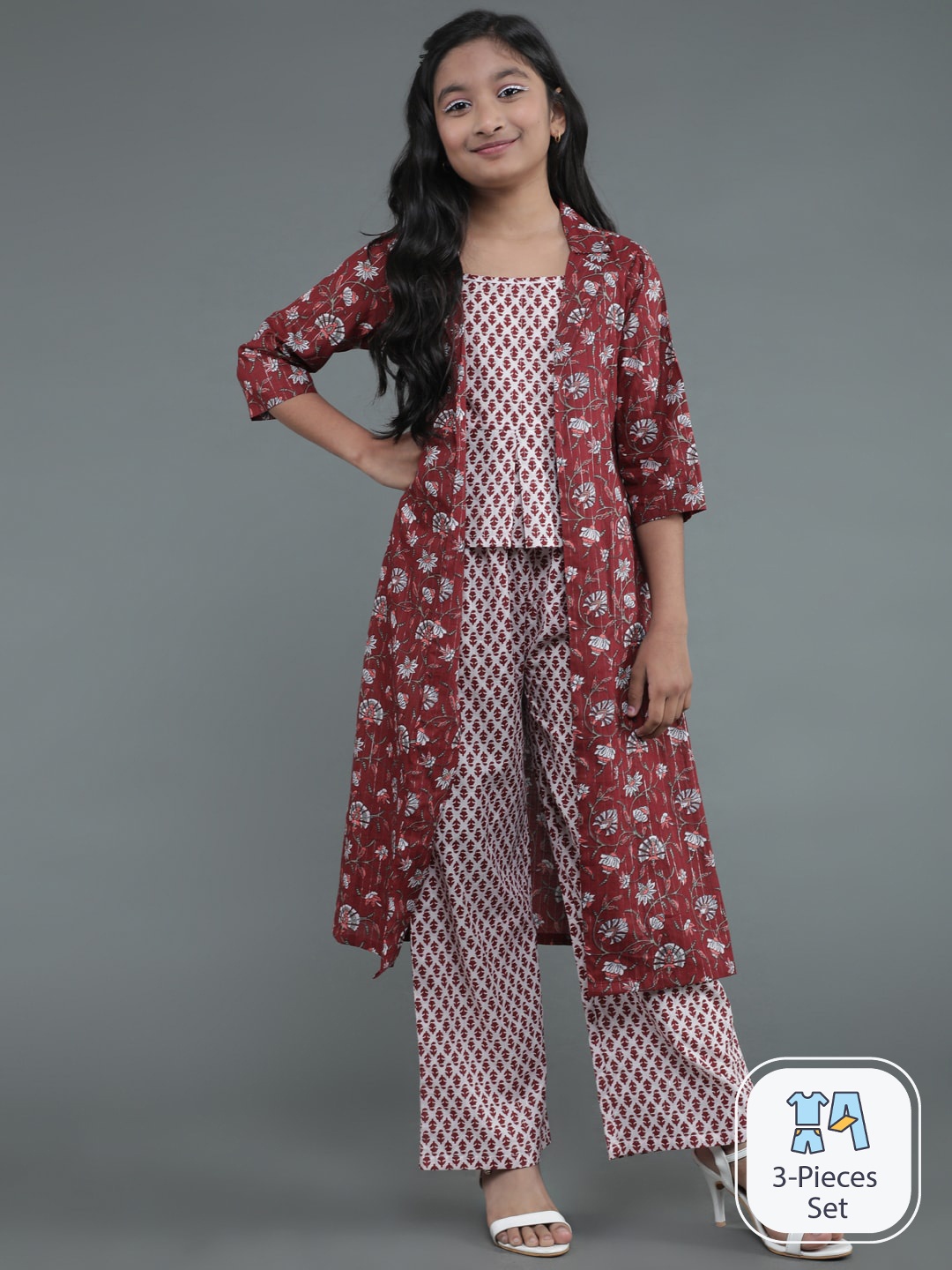 

Aks Kids Girls Floral Printed Pure Cotton Top with Palazzos & Shrug, Maroon