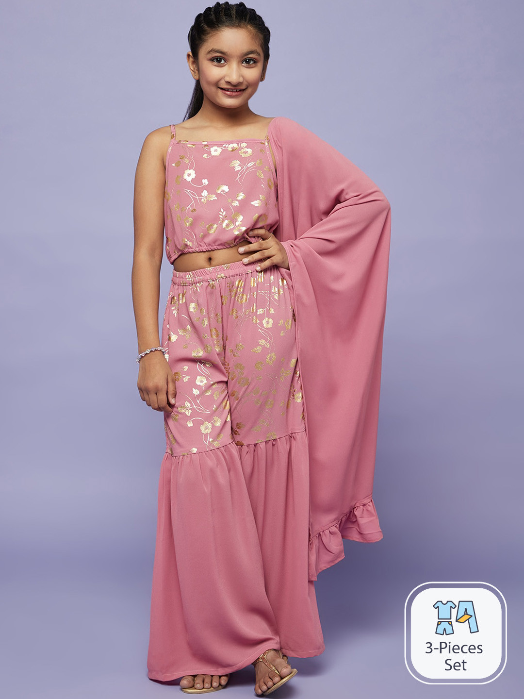 

Aks Kids Girls Foil Printed Crop Top with Sharara With Dupatta, Pink