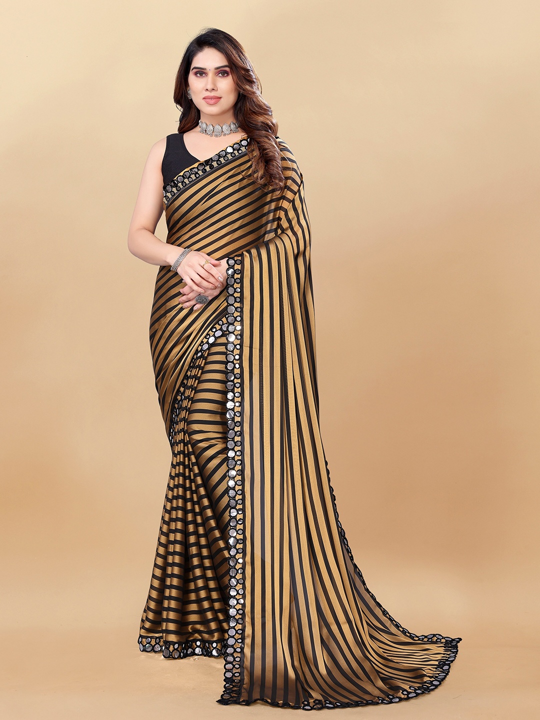 KALINI Striped Mirror Work Saree, Yellow